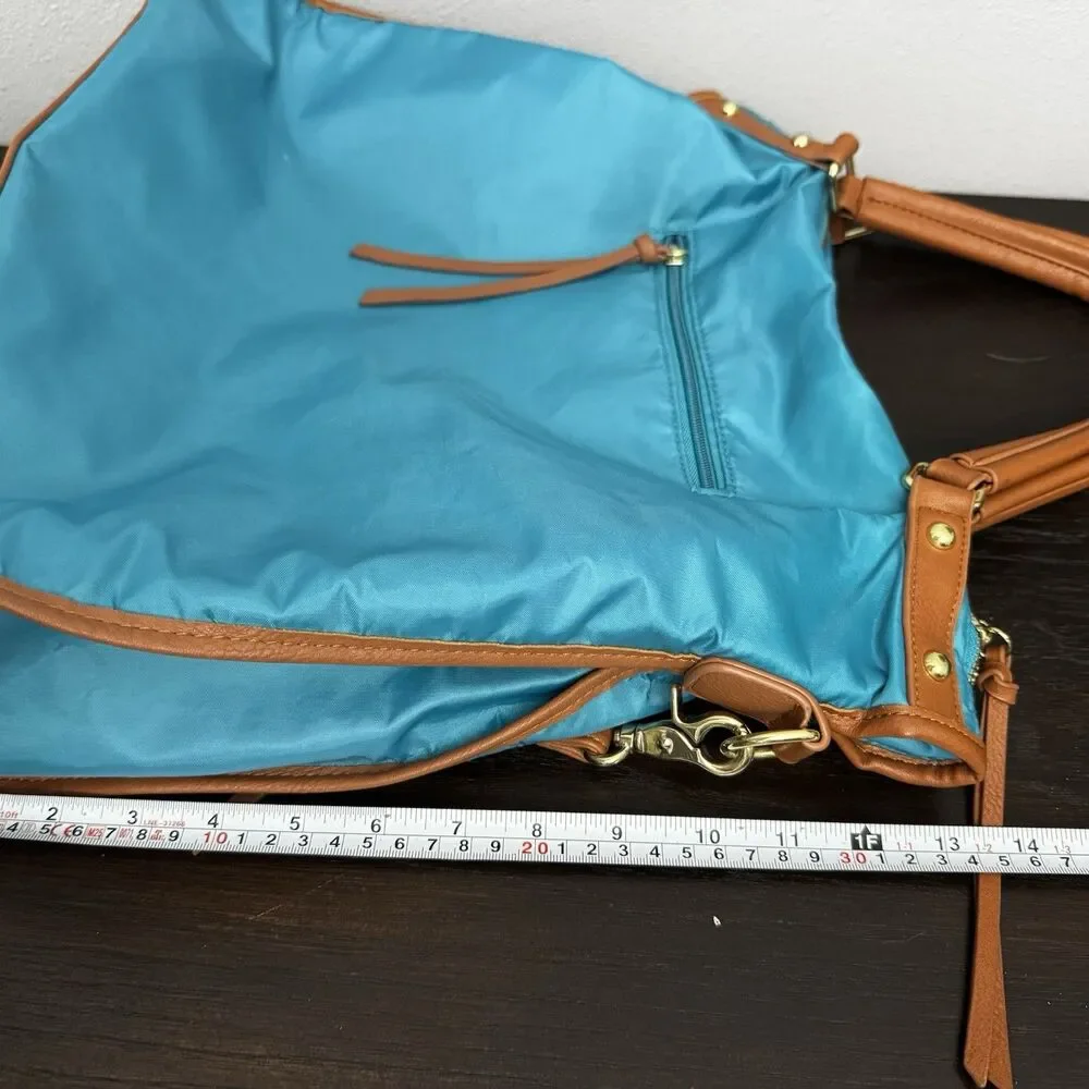 Charming Charlie Turquoise Nylon Convertible Shoulder Bag Tote Striped Lining